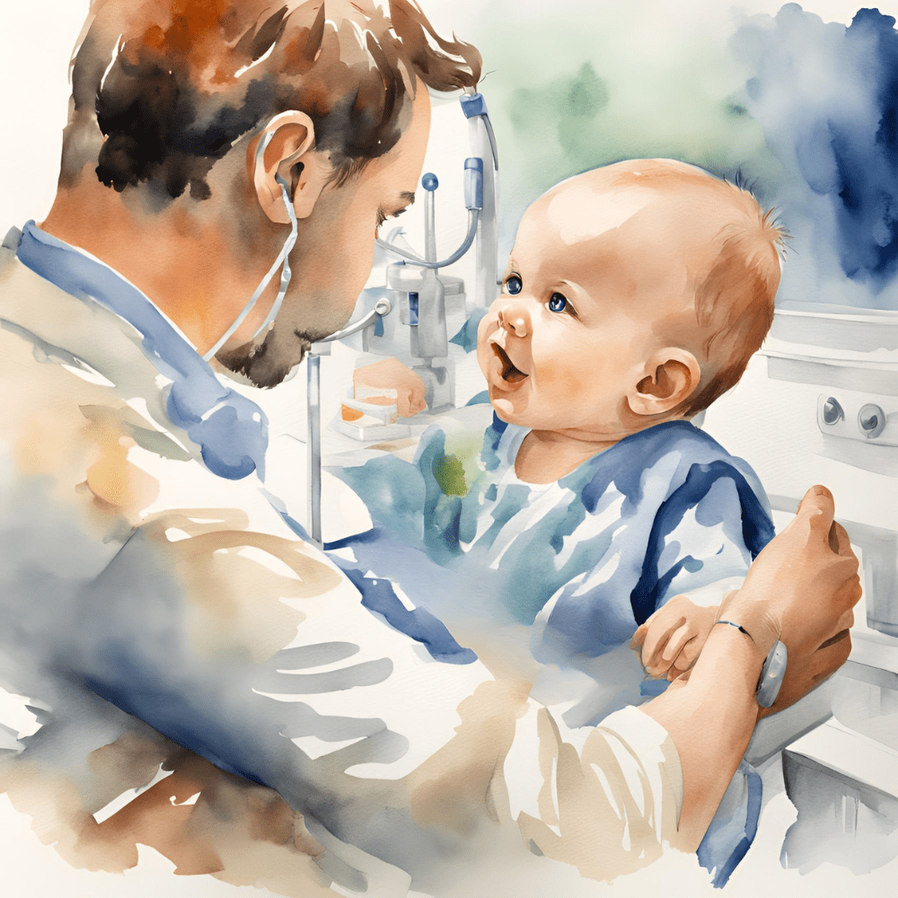 Un pediatra revisando a un bebé en una consulta médica, ambos interactuando con una sonrisa. La imagen refleja la importancia de las revisiones pediátricas regulares para asegurar la salud y el bienestar en los primeros años de vida.