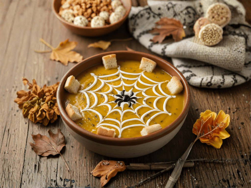 Tazón de sopa con decoración de telaraña, trozos de pan y una flor, rodeado de hojas secas y aperitivos en un ambiente otoñal.