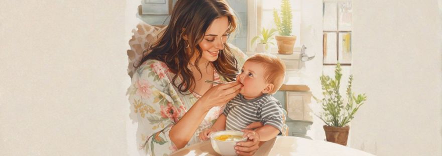 Una madre alimentando a su bebé con una cuchara en una habitación iluminada, con plantas de interior.