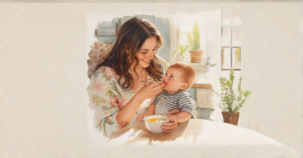 Una madre alimentando a su bebé con una cuchara en una habitación iluminada, con plantas de interior.