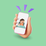 Un mano sosteniendo un teléfono móvil que muestra a un niño llorando mientras come.